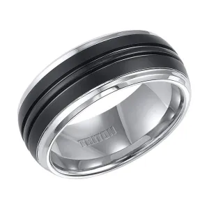 KENWAY Domed Tungsten Carbide Ring with Dual Grooved Brushed Black Tungsten Center and Beveled Edges by Triton Rings - 9 mm