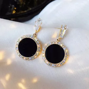 Korean version of hot new black round rhinestone earrings fashion simple and versatile temperament female wedding earrings jewel