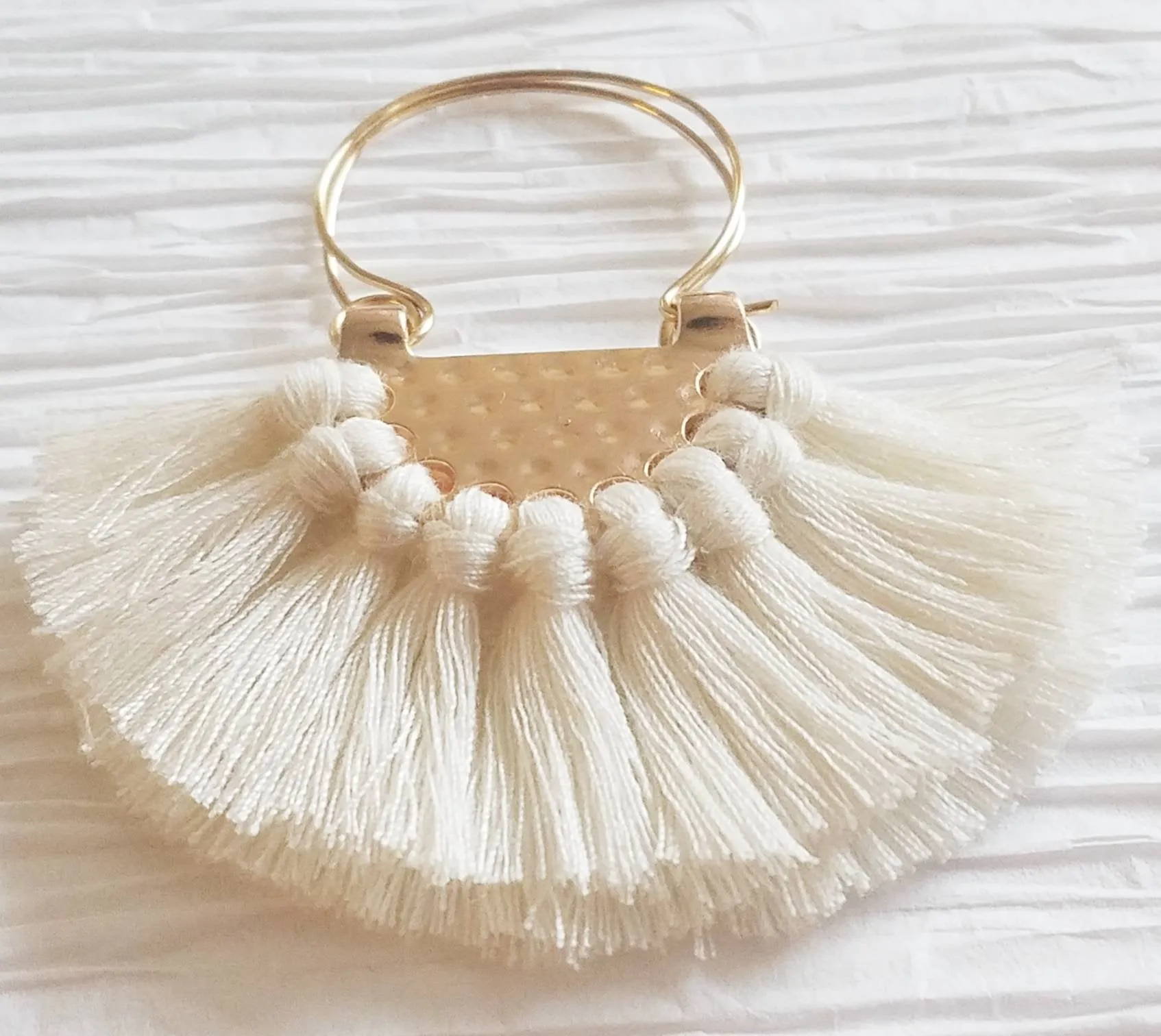 Large Cream Fringe Crescent Fan Shape Hoop Statement Trendy Southern Fan Earrings