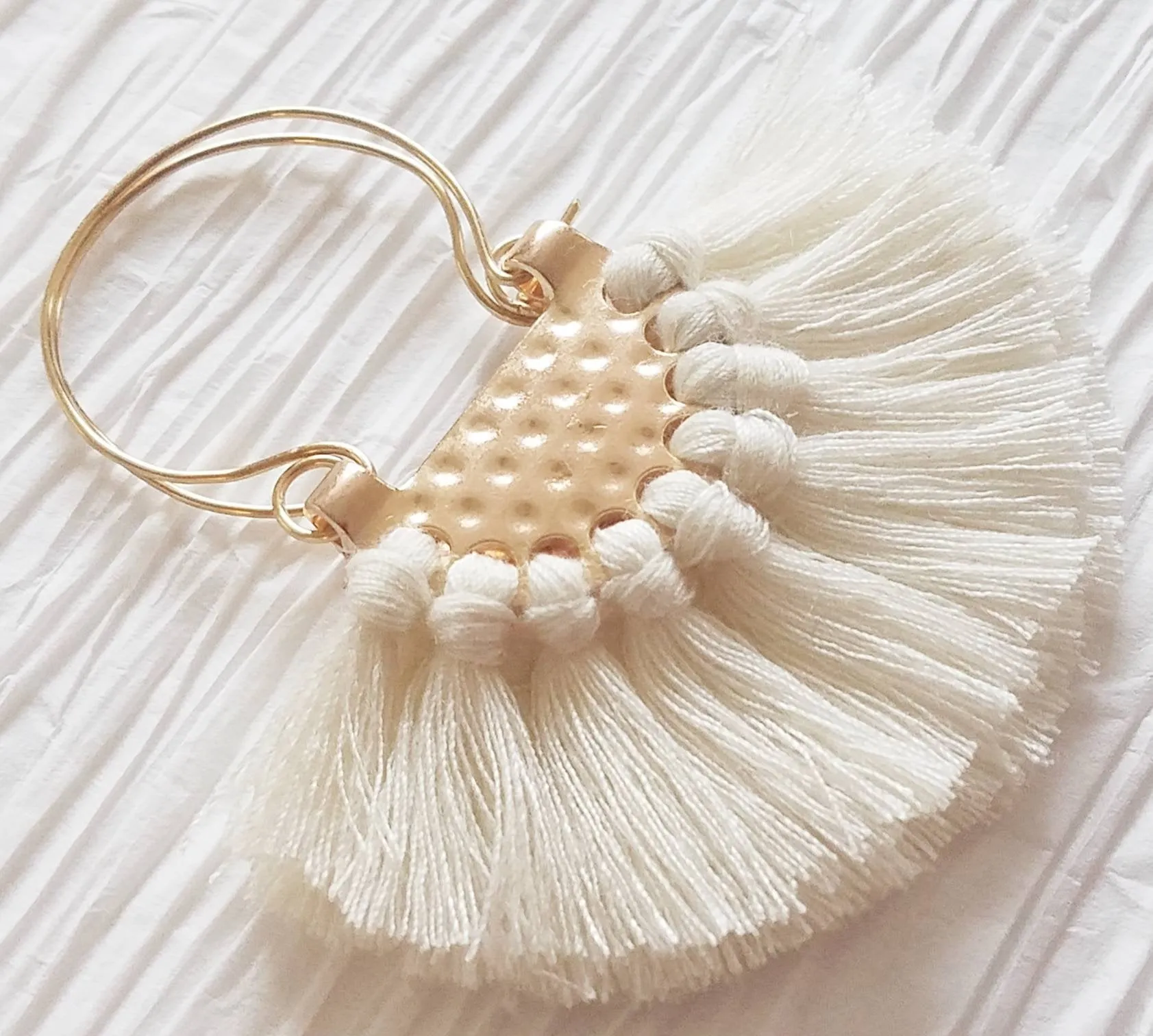 Large Cream Fringe Crescent Fan Shape Hoop Statement Trendy Southern Fan Earrings