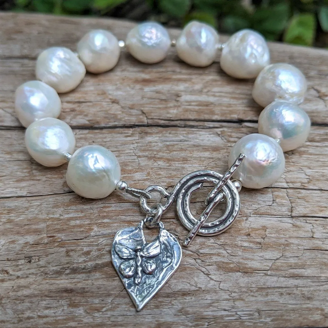 Large White Edison Pearl & Silver Butterfly Heart Toggle Bracelet