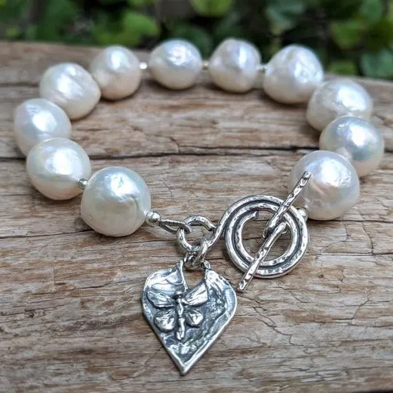 Large White Edison Pearl & Silver Butterfly Heart Toggle Bracelet