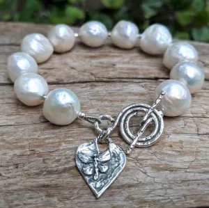 Large White Edison Pearl & Silver Butterfly Heart Toggle Bracelet