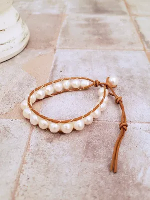 Leather and Pearl Bracelet - Single Wrap