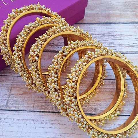 Lila Pearl Bangle Set in Gold