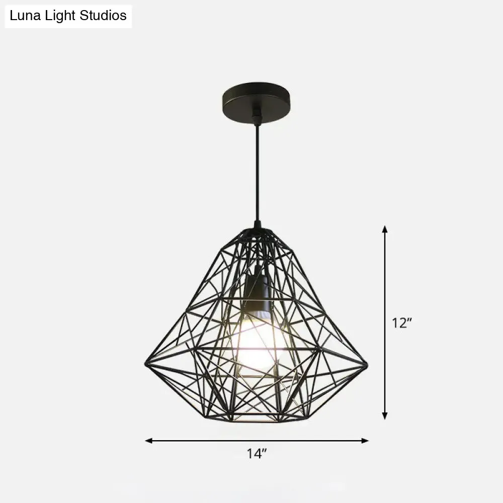 Loft Style Black Iron Wire Diamond Pendant Lamp with 1 Bulb - Restaurant Ceiling Hang Light