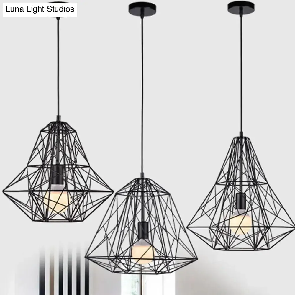 Loft Style Black Iron Wire Diamond Pendant Lamp with 1 Bulb - Restaurant Ceiling Hang Light