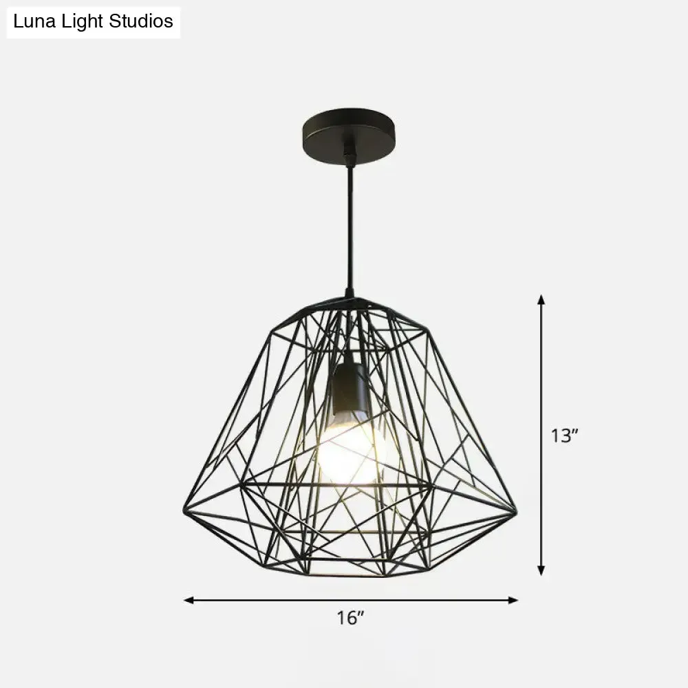 Loft Style Black Iron Wire Diamond Pendant Lamp with 1 Bulb - Restaurant Ceiling Hang Light