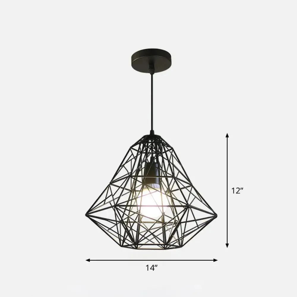 Loft Style Black Iron Wire Diamond Pendant Lamp with 1 Bulb - Restaurant Ceiling Hang Light