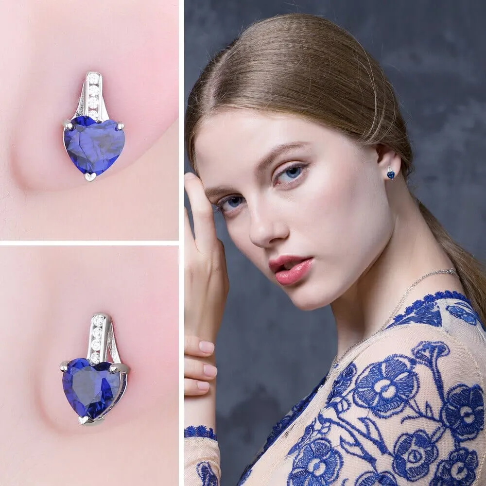 Love Heart 2.1ct Created Blue Sapphire Stud Earrings - 925 Sterling Silver