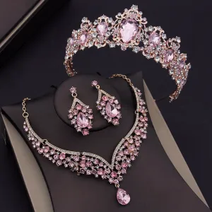 Luxury Pink Crystal  Jewelry Sets for Women Tiara Necklace & Earrings 4 Styles