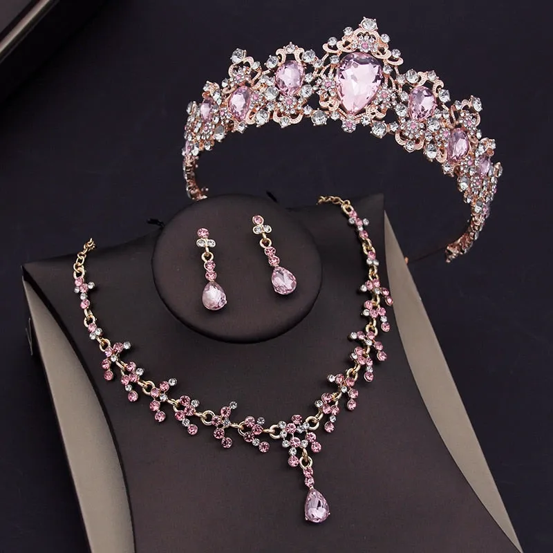 Luxury Pink Crystal  Jewelry Sets for Women Tiara Necklace & Earrings 4 Styles