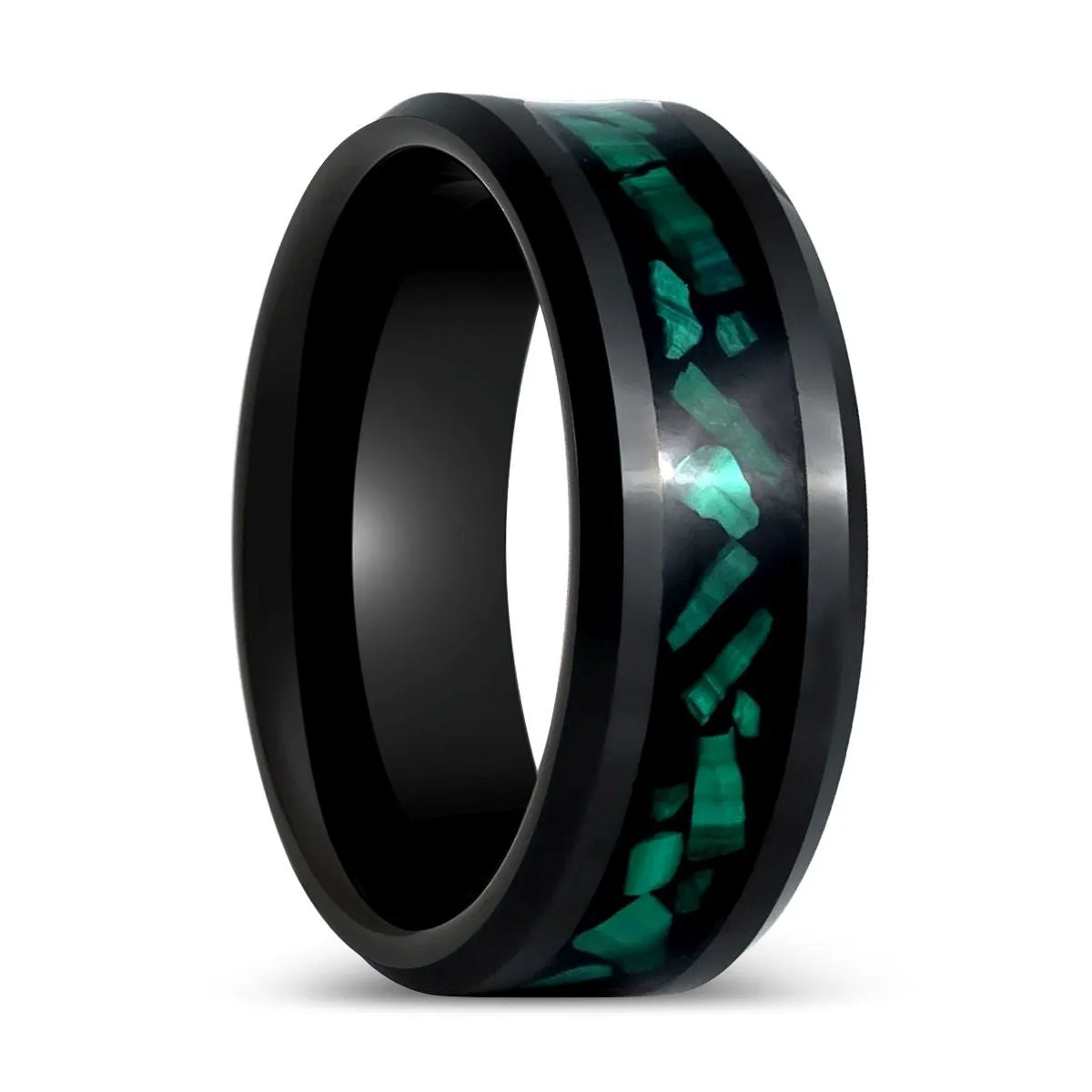 MALACHIP | Black Tungsten Ring, Malachite Inlay, Beveled