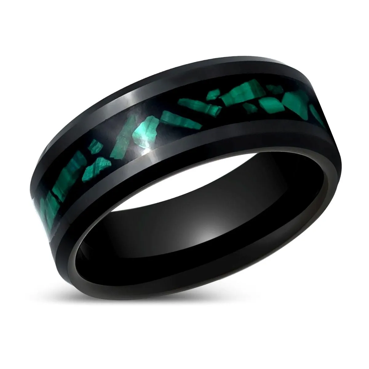 MALACHIP | Black Tungsten Ring, Malachite Inlay, Beveled