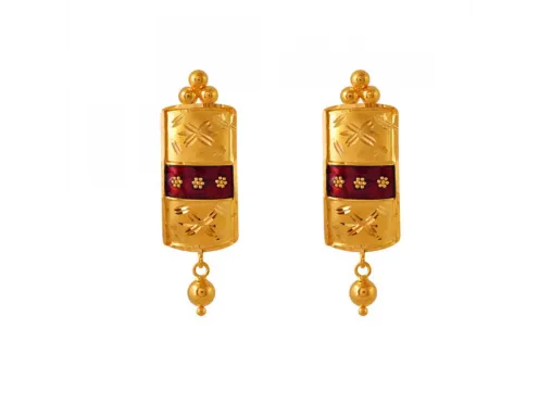 Meenakari Style 22k Rectangle Shape Gold Earrings With A Spherical Detail