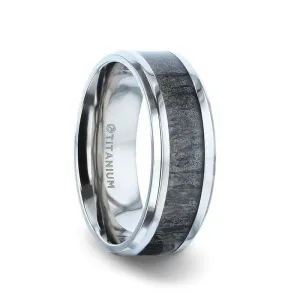 MELANISTIC Dark Deer Antler Inlaid Titanium Flat Polished Finish Men's Wedding Band With Beveled Edges - 8mm