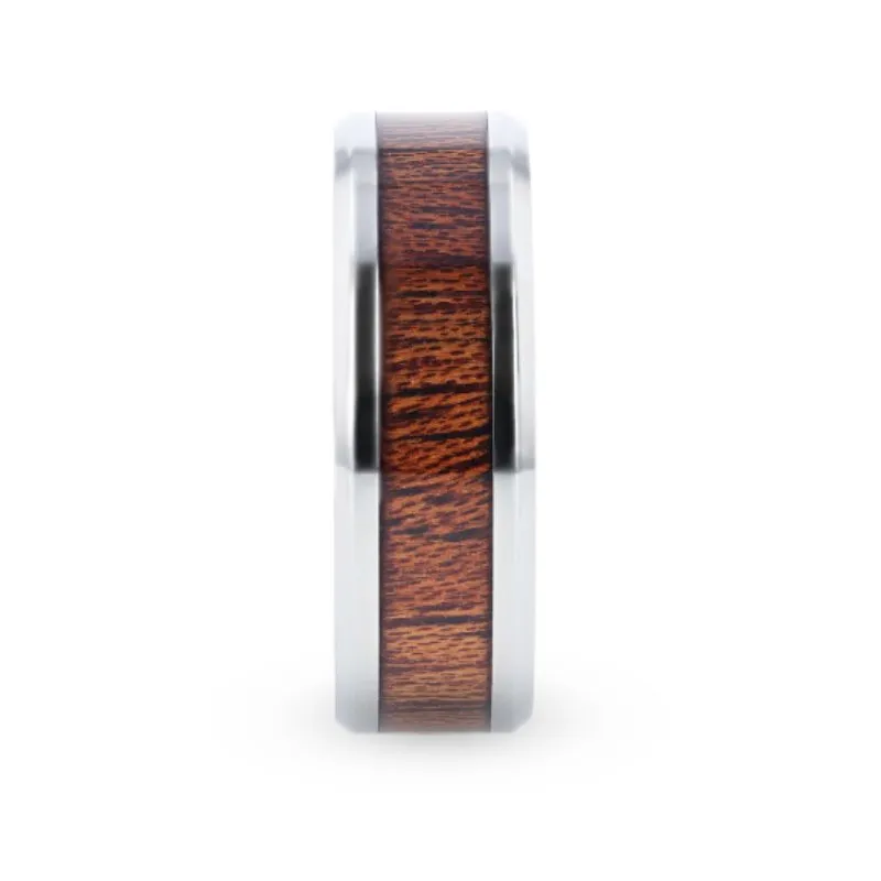 MELIA | Silver Titanium Ring, Mahogany Wood Inlay, Beveled