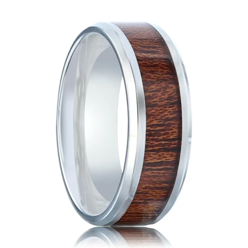 MELIA | Silver Titanium Ring, Mahogany Wood Inlay, Beveled