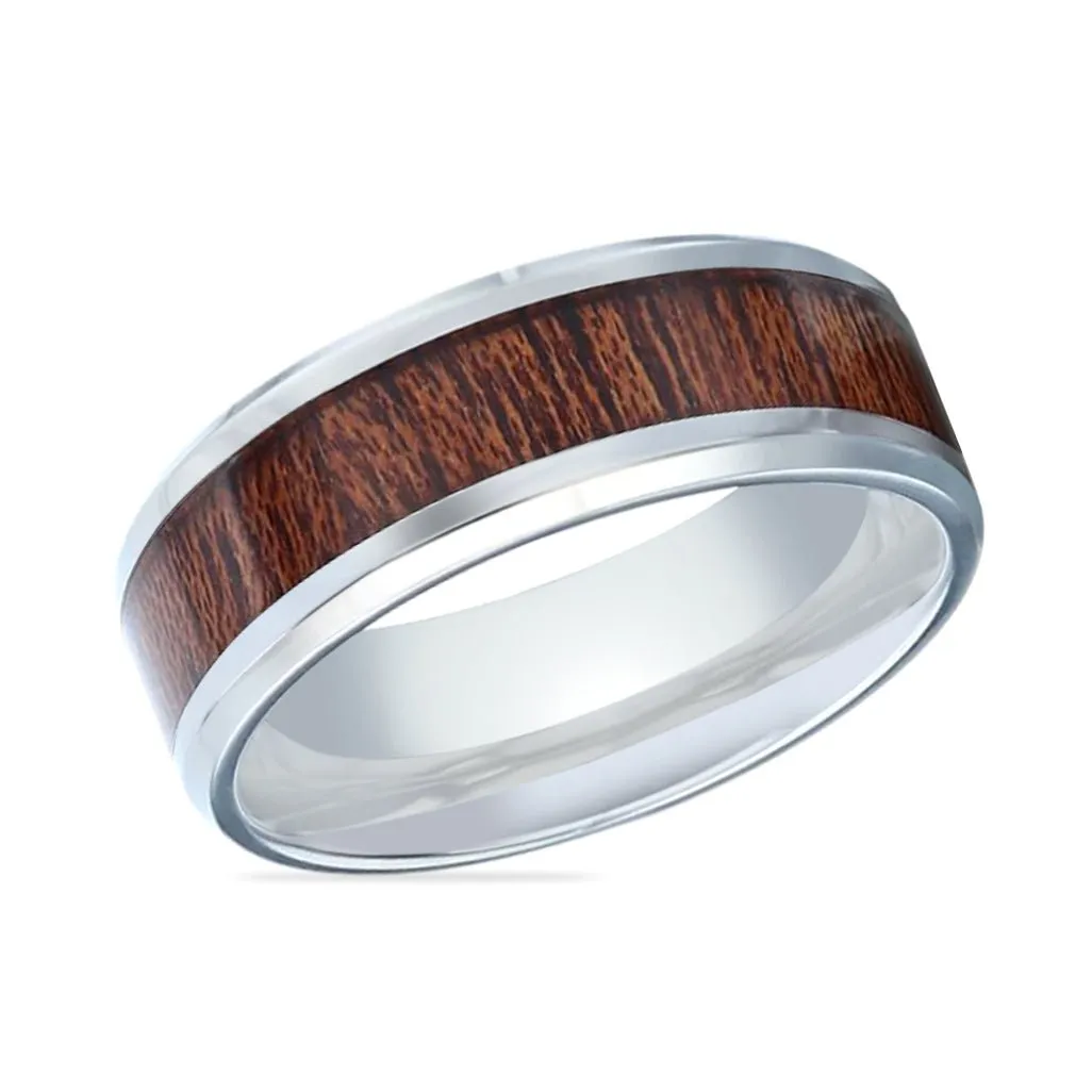 MELIA | Silver Titanium Ring, Mahogany Wood Inlay, Beveled