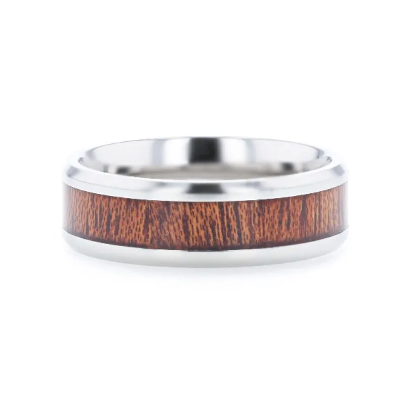 MELIA | Silver Titanium Ring, Mahogany Wood Inlay, Beveled