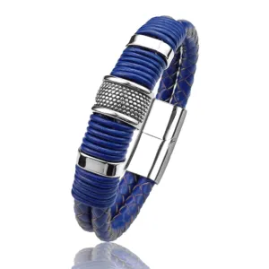 Men's Double Braided Royal Blue Leather Stainless Steel Bracelet