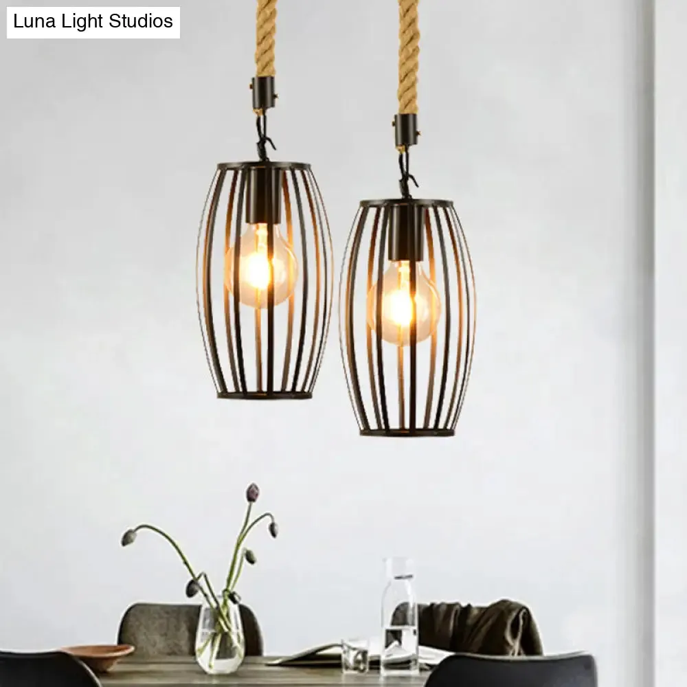 Metal & Rope Hanging Farmhouse Pendant Lamp - Black Globe/Cylinder/Barrel Cage - Dining Room Lighting