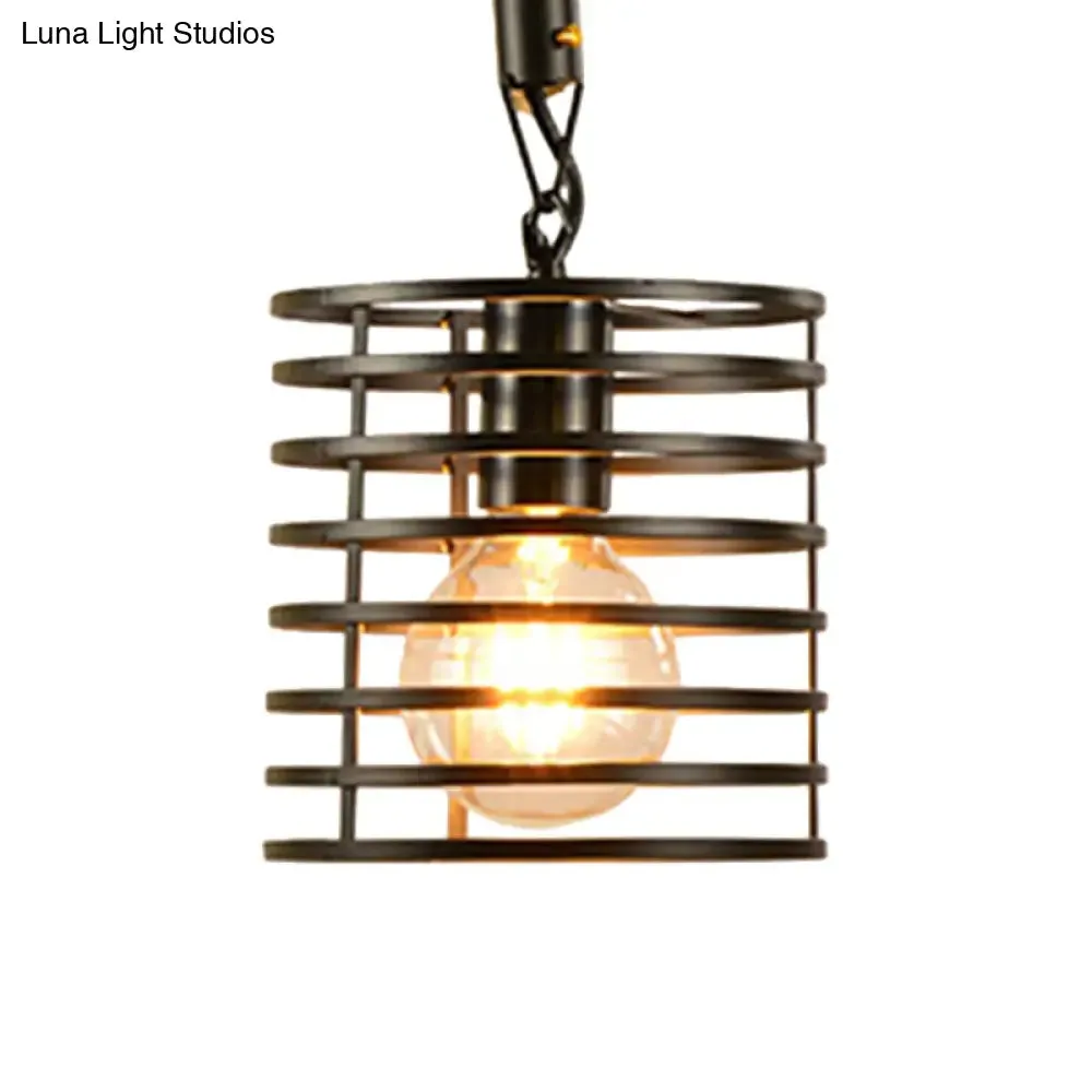 Metal & Rope Hanging Farmhouse Pendant Lamp - Black Globe/Cylinder/Barrel Cage - Dining Room Lighting