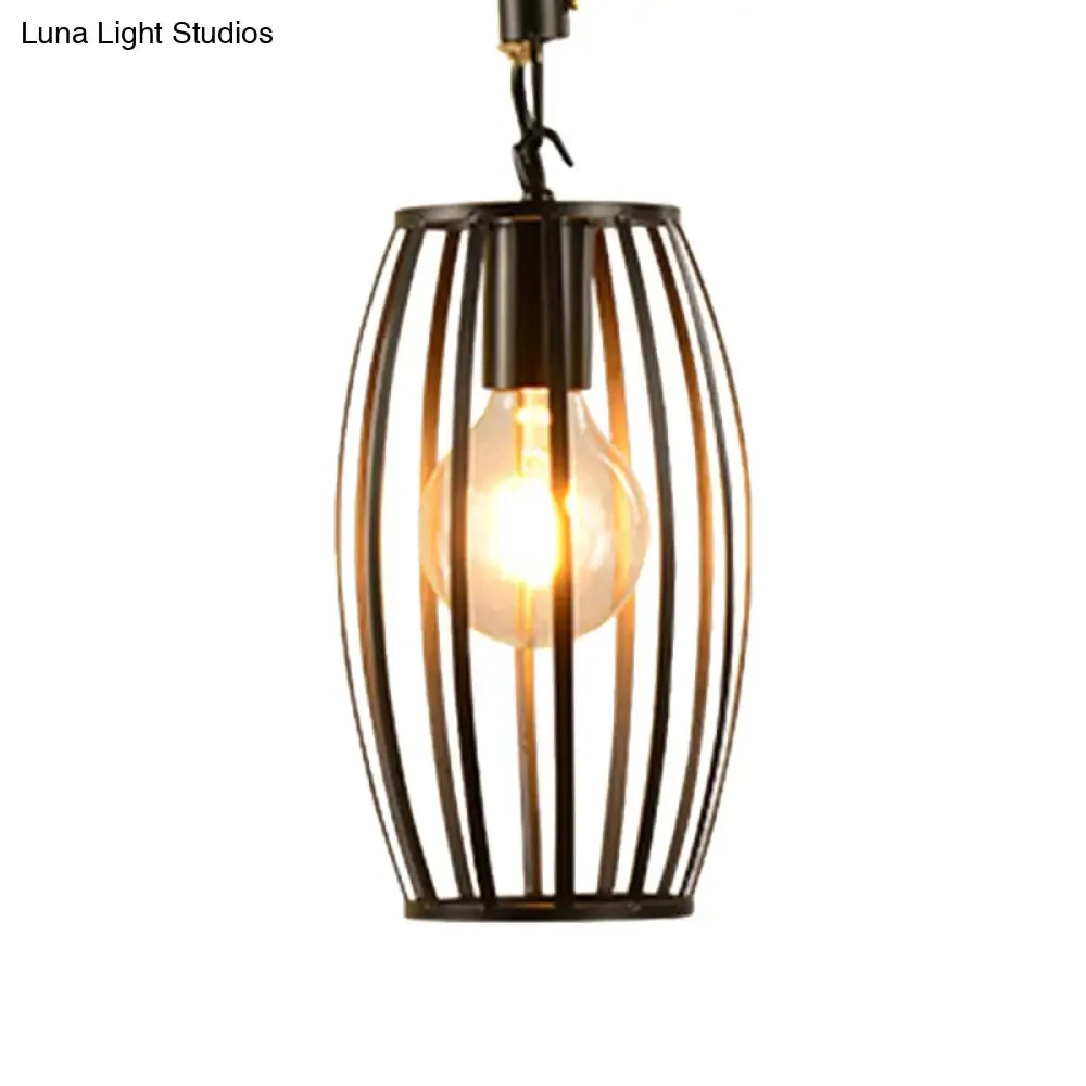 Metal & Rope Hanging Farmhouse Pendant Lamp - Black Globe/Cylinder/Barrel Cage - Dining Room Lighting