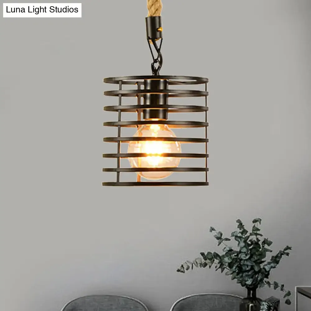 Metal & Rope Hanging Farmhouse Pendant Lamp - Black Globe/Cylinder/Barrel Cage - Dining Room Lighting