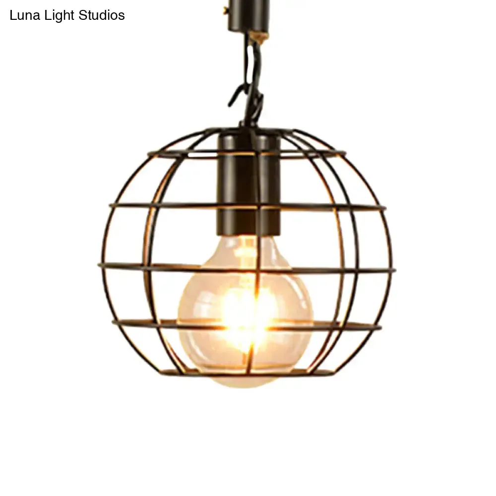 Metal & Rope Hanging Farmhouse Pendant Lamp - Black Globe/Cylinder/Barrel Cage - Dining Room Lighting