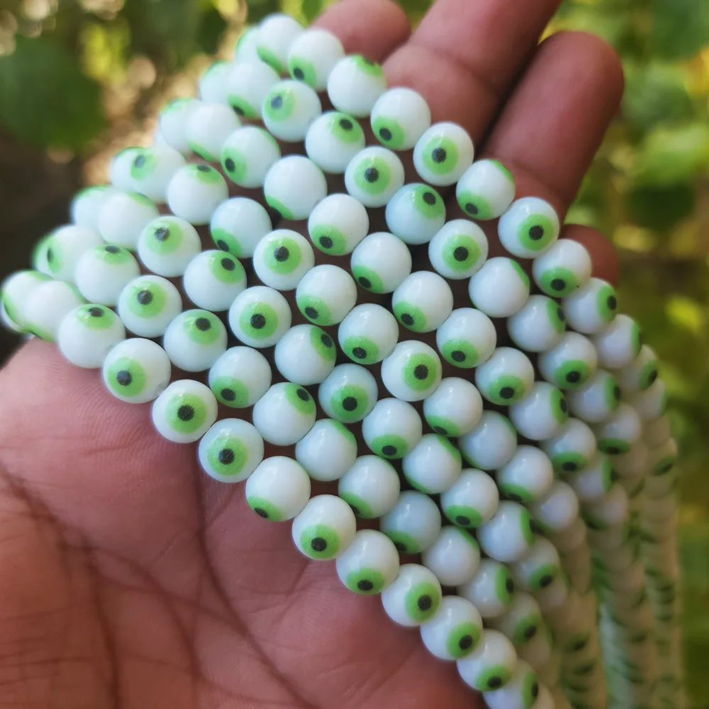 MILKY WHITE WITH MINT GREEN EYE ' 8 MM ROUND ' SUPER FINE QUALITY EVIL EYE GLASS CRYSTAL BEADS SOLD BY PER LIN PACK' APPROX PIECES 47-48 BEADS