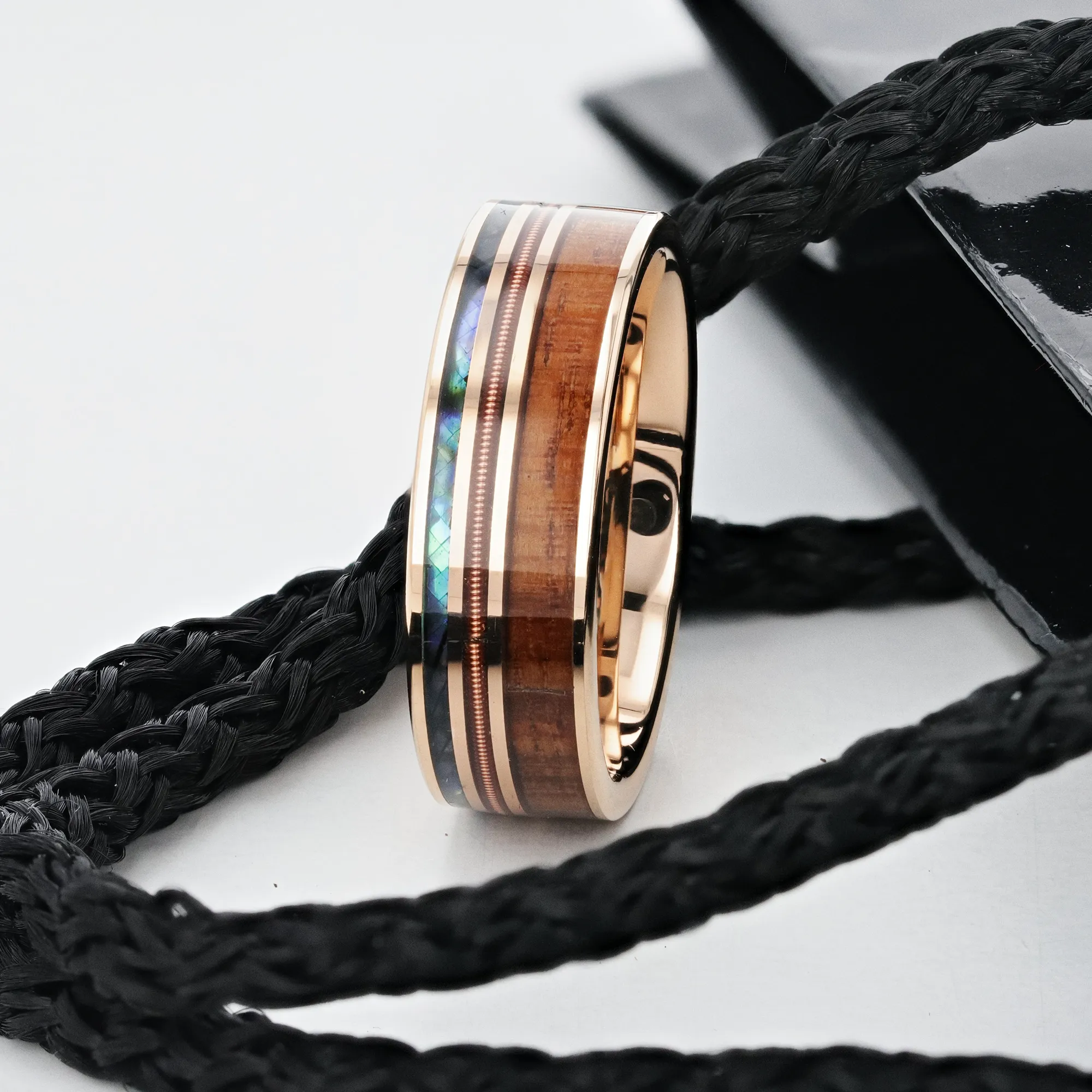 MOANA Smoked Rose Gold Tungsten Ring with Hawaiian Koa Wood Abalone & Guitar String - 8mm