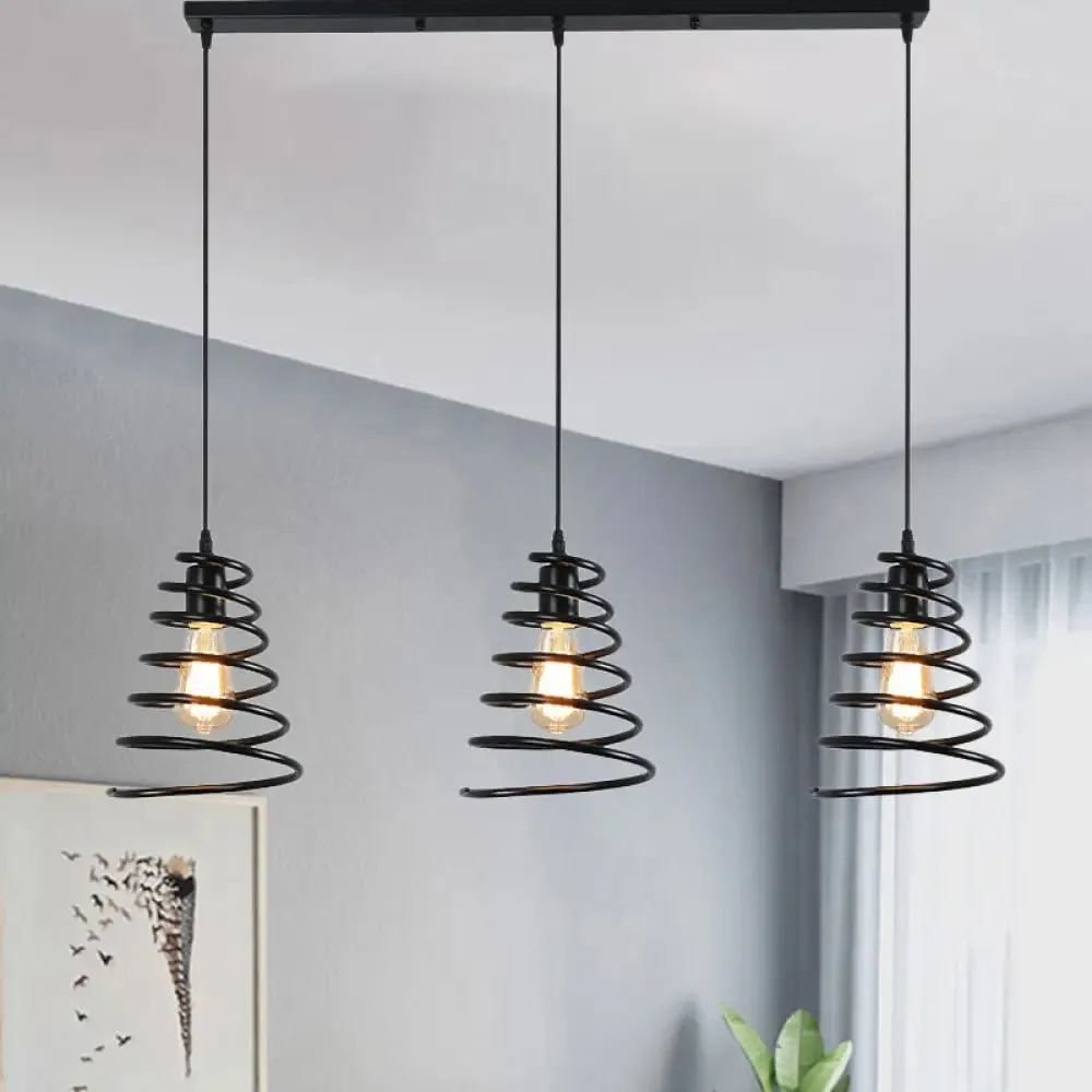 Modern 3-Head Pendant Light in Black - Multi Light Fixture for Loft, Conical Spring Iron Design with Round/Linear Canopy