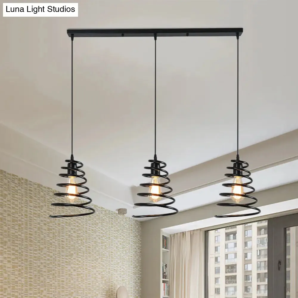 Modern 3-Head Pendant Light in Black - Multi Light Fixture for Loft, Conical Spring Iron Design with Round/Linear Canopy