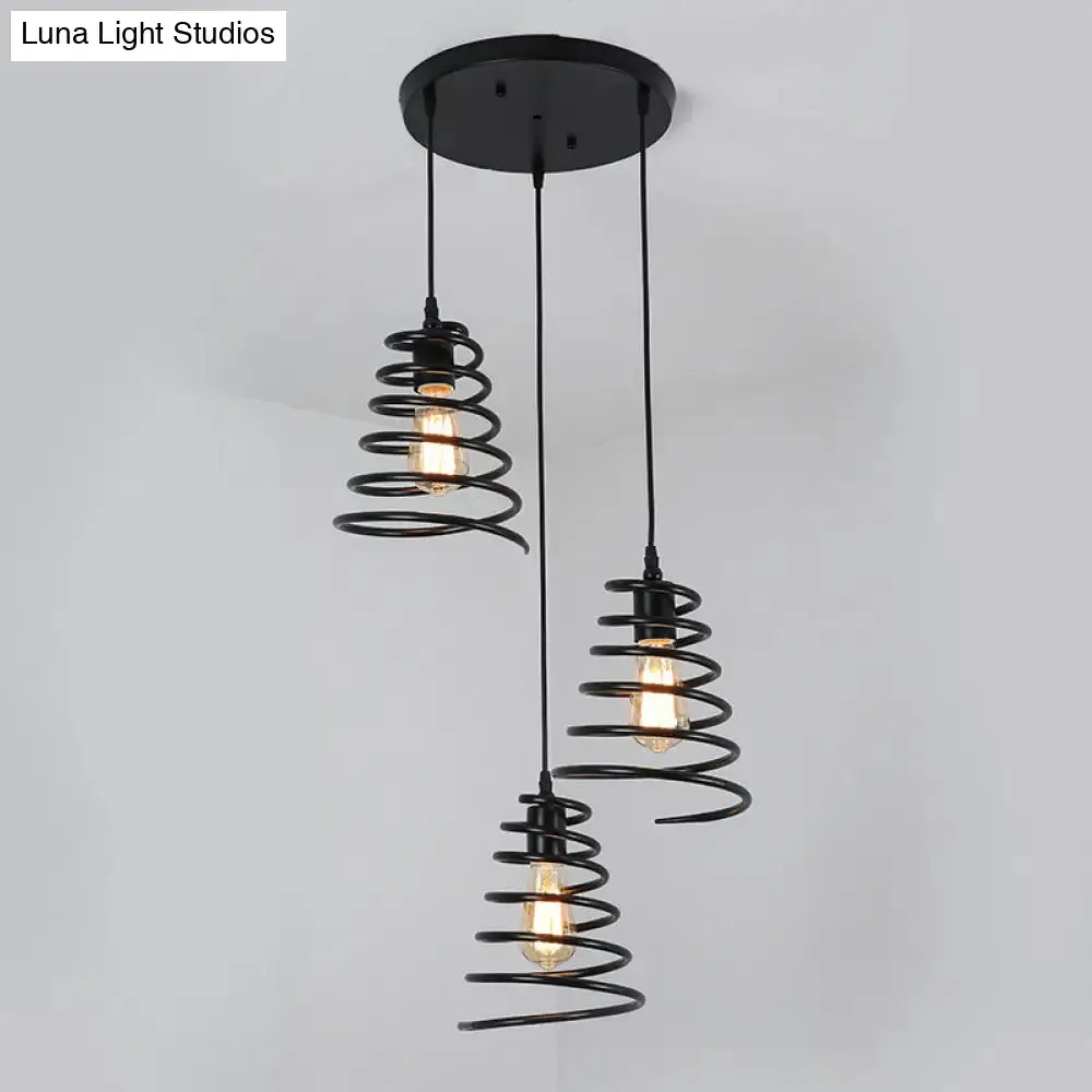 Modern 3-Head Pendant Light in Black - Multi Light Fixture for Loft, Conical Spring Iron Design with Round/Linear Canopy