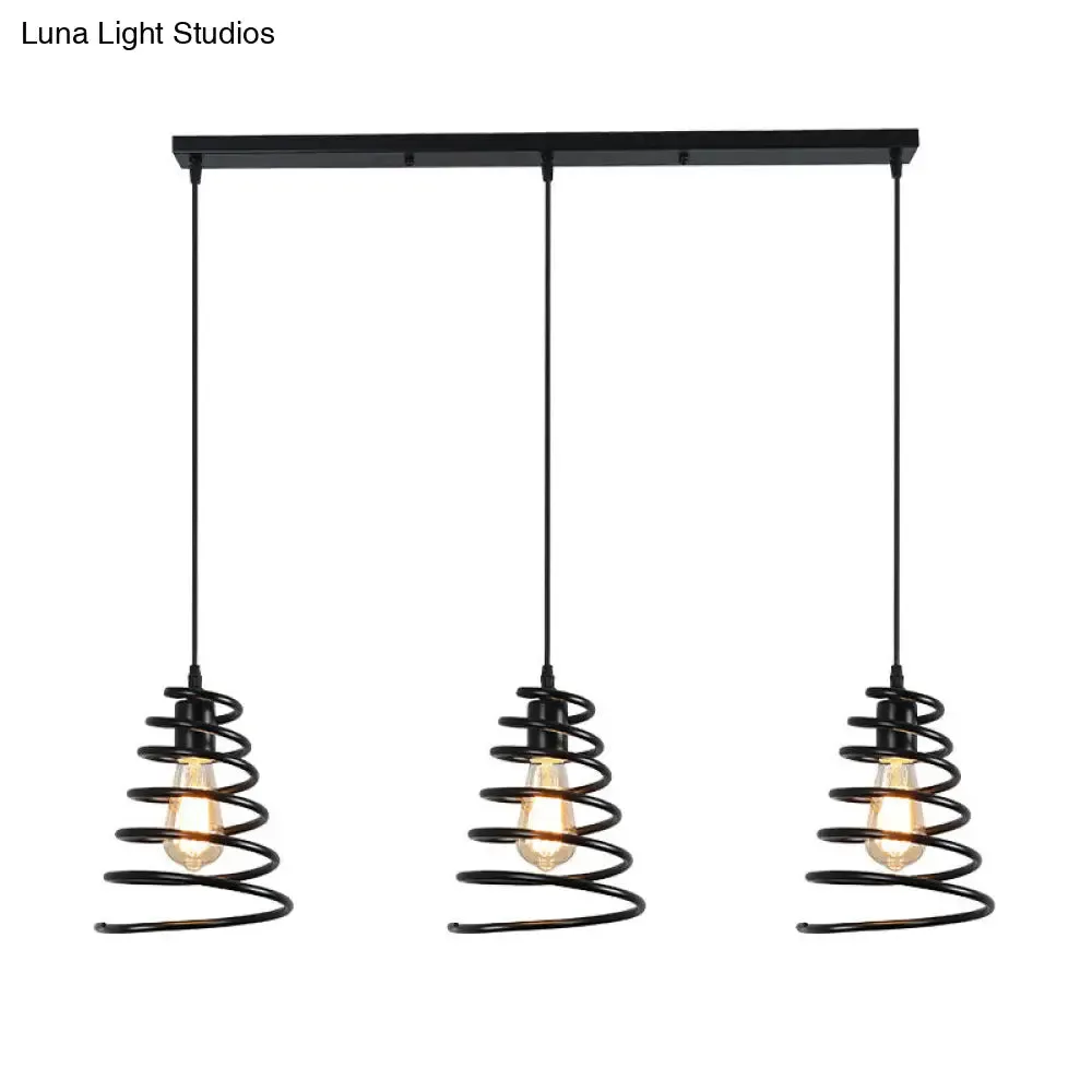 Modern 3-Head Pendant Light in Black - Multi Light Fixture for Loft, Conical Spring Iron Design with Round/Linear Canopy