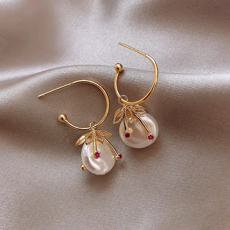 Moon Dangle Pearl Cherry Cat Rhinestone Pendant Earrings For Women