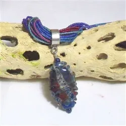 Multi-colored Seed Bead Necklace with Blue Artisan Pendant