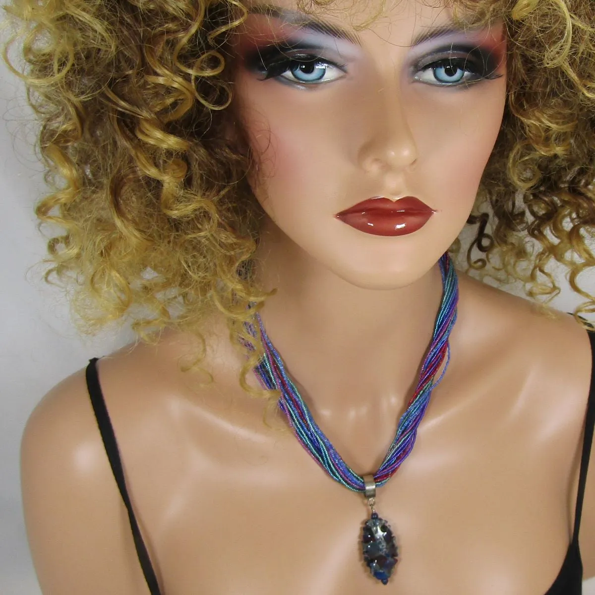 Multi-colored Seed Bead Necklace with Blue Artisan Pendant