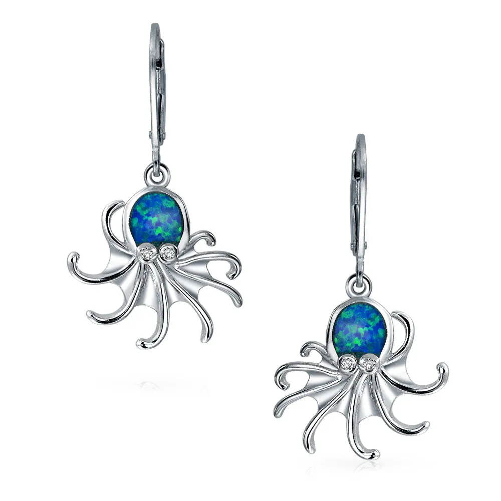 Nautical Blue Opal Octopus Dangle Gemstone Earrings in Sterling Silver