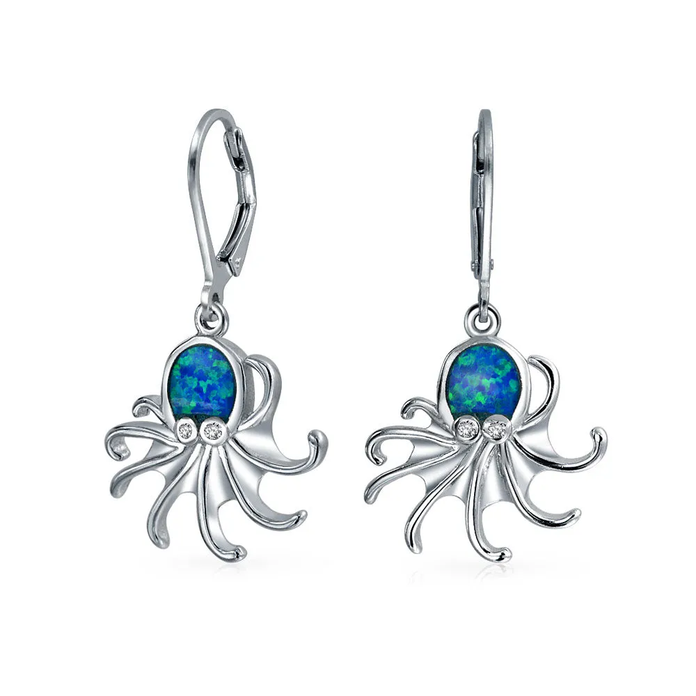 Nautical Blue Opal Octopus Dangle Gemstone Earrings in Sterling Silver