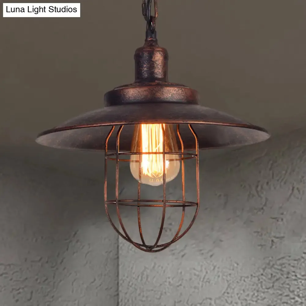 Nautical Rustic Saucer Pendant Light with Cage Shade - Wrought Iron Ceiling Fixture