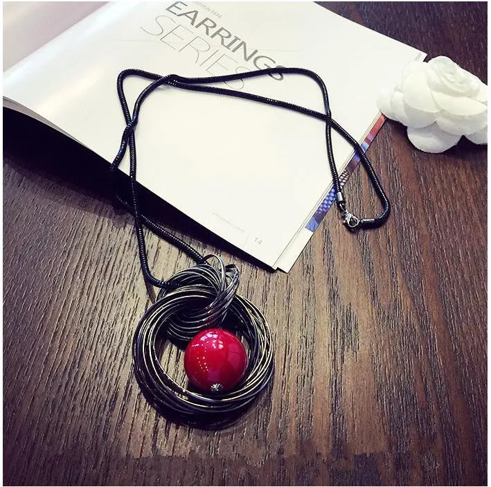 New circles simulated pearl ball pendant long necklace women black chain fashion jewelry gift