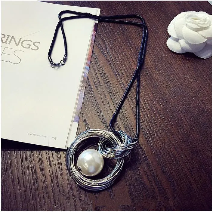 New circles simulated pearl ball pendant long necklace women black chain fashion jewelry gift