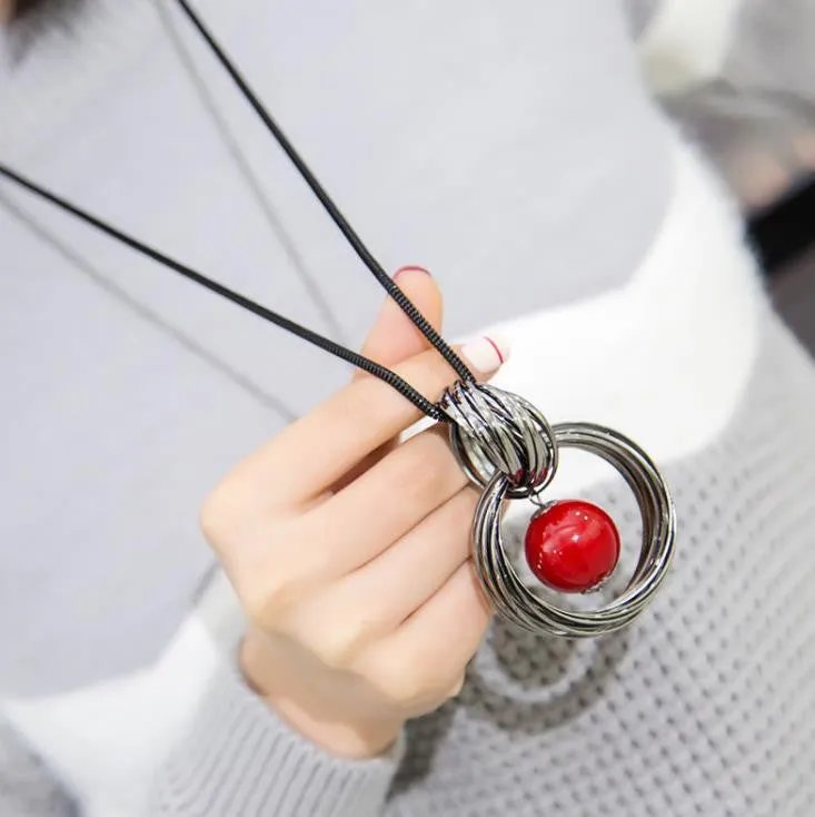 New circles simulated pearl ball pendant long necklace women black chain fashion jewelry gift