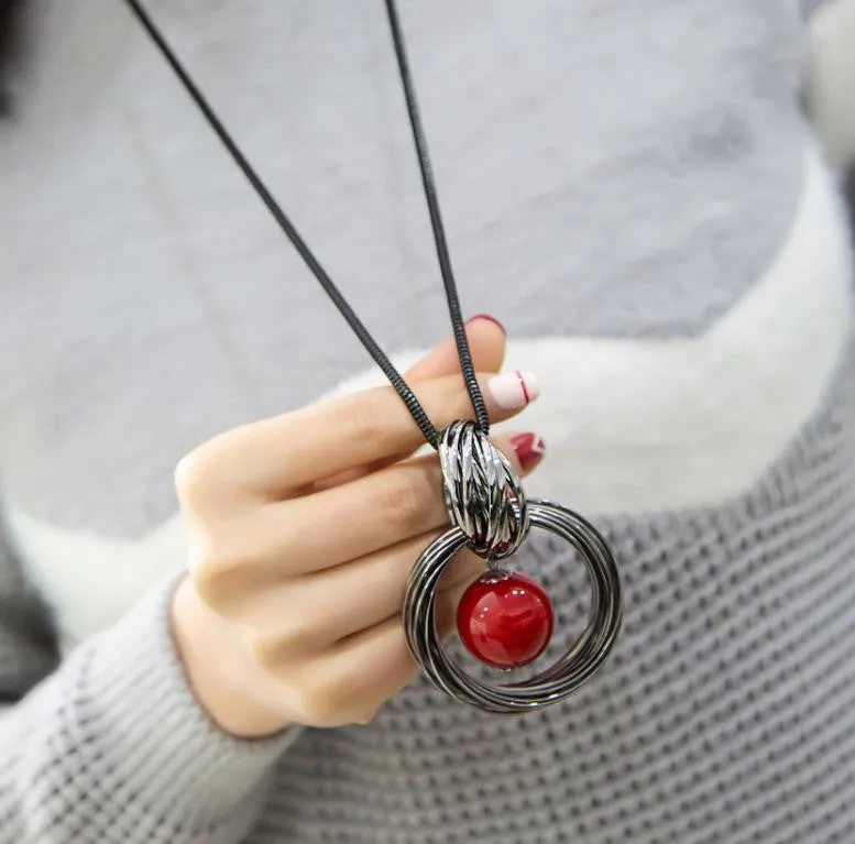 New circles simulated pearl ball pendant long necklace women black chain fashion jewelry gift