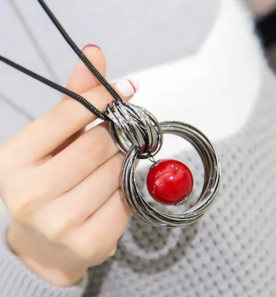 New circles simulated pearl ball pendant long necklace women black chain fashion jewelry gift