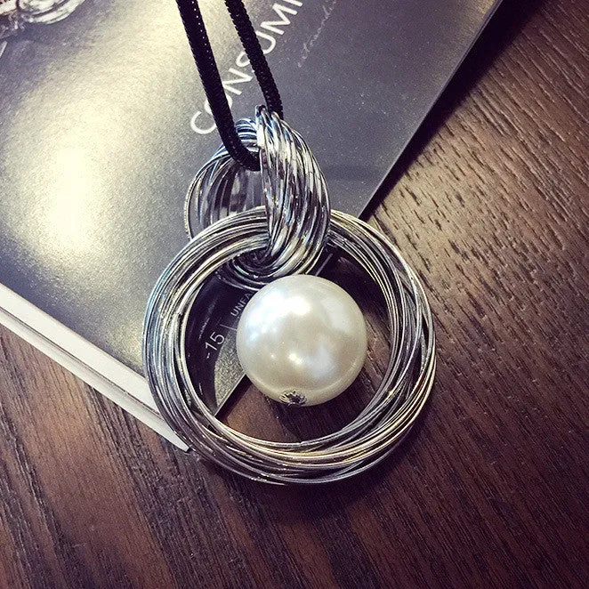 New circles simulated pearl ball pendant long necklace women black chain fashion jewelry gift