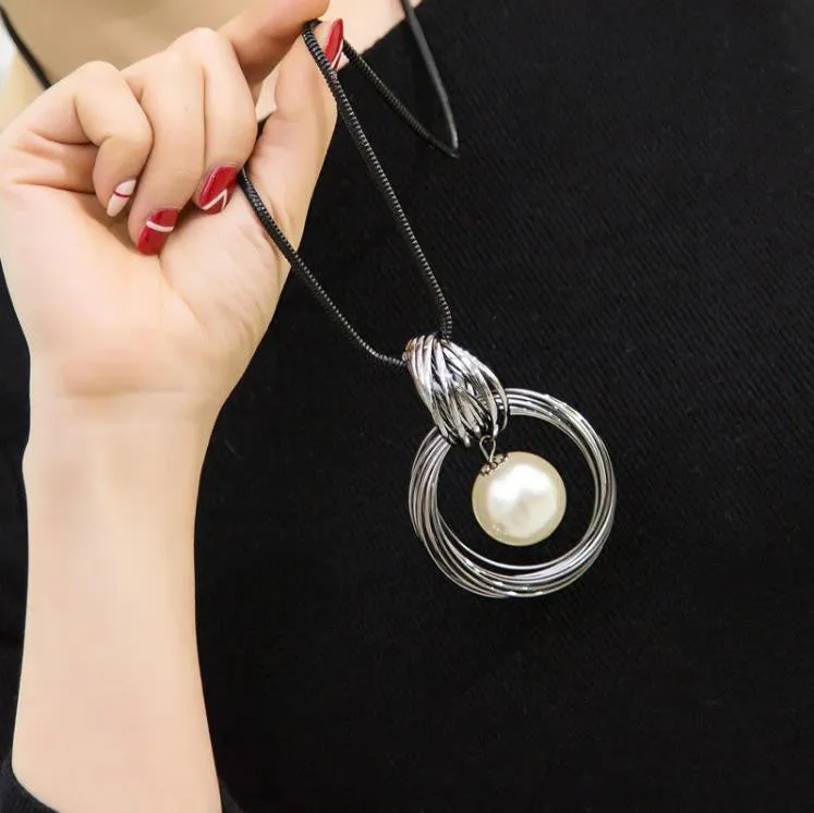 New circles simulated pearl ball pendant long necklace women black chain fashion jewelry gift