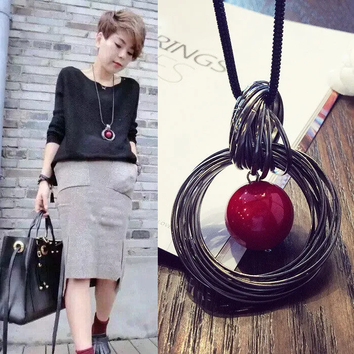 New circles simulated pearl ball pendant long necklace women black chain fashion jewelry gift